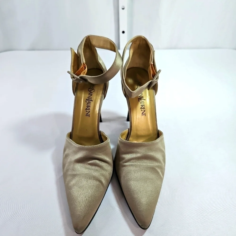 Vintage Yves Saint Laurent Satin Green/Gray D'Orsay Heels Size 8.5 - Picture 4 of 8